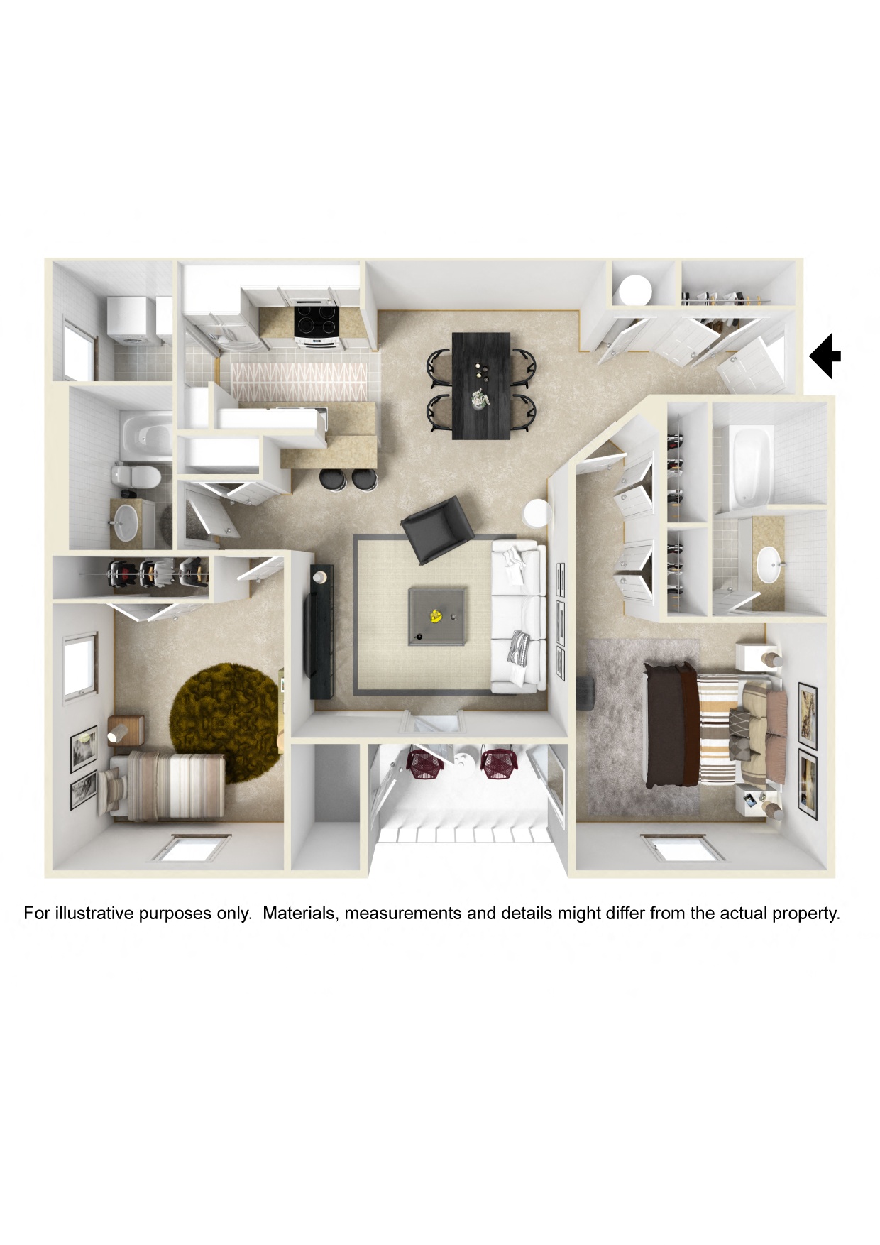 Floor plan for 2 beds, 2 baths, 1050 sqft